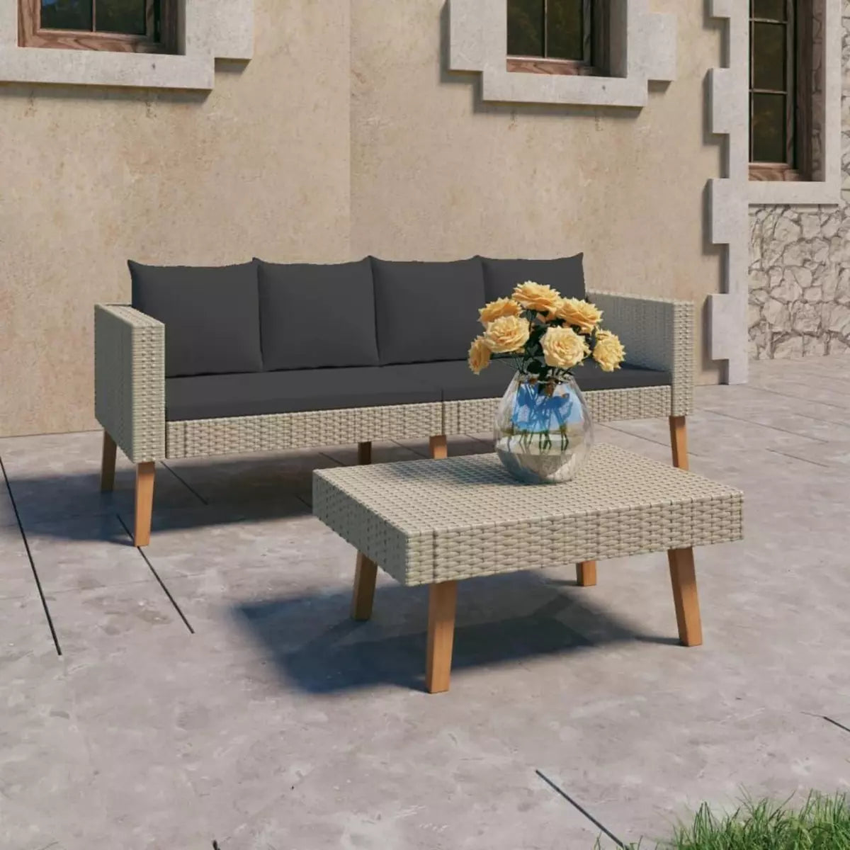 Canapé Pouf Jardin avec Coussins Resine tressee Beige